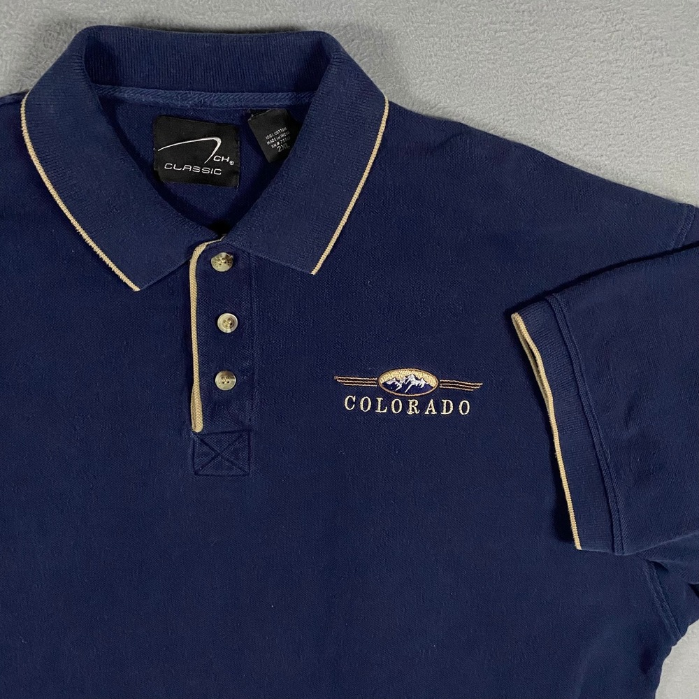 7ch Classic Polo Shirt Mens 2XL Navy Blue Colorado Mountain Embroidered Tipped